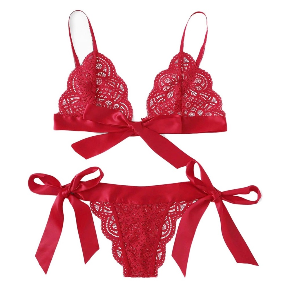 Bright red lace bow lingerie 2 piece bralette and panty set